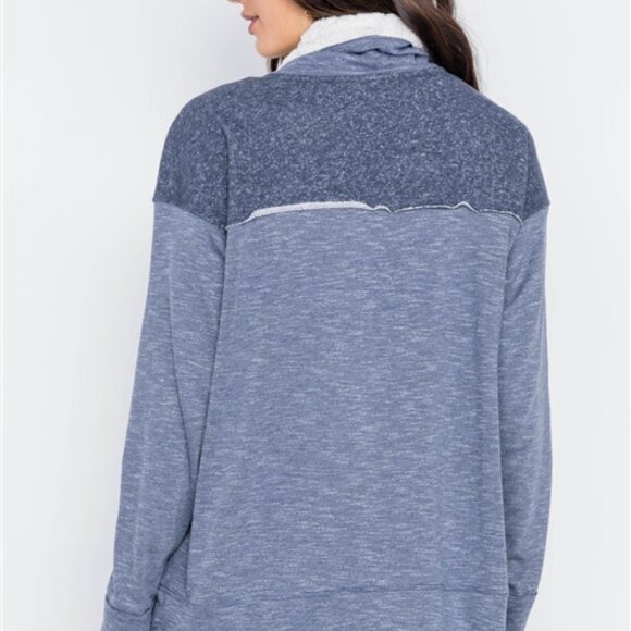 Hummingbird Long Sleeve Navy Cardigan Fuzzy Collar - Navy Blue - Patchwork - Picture 11 of 12